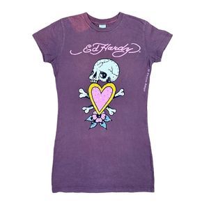 Vintage Y2K Ed Hardy x Christian Audigier Skull & Crossbones Heart Tee - Medium